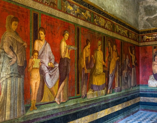 Frescoes depicting ancient rituals in the Villa of the Mysteries, Pompeii.