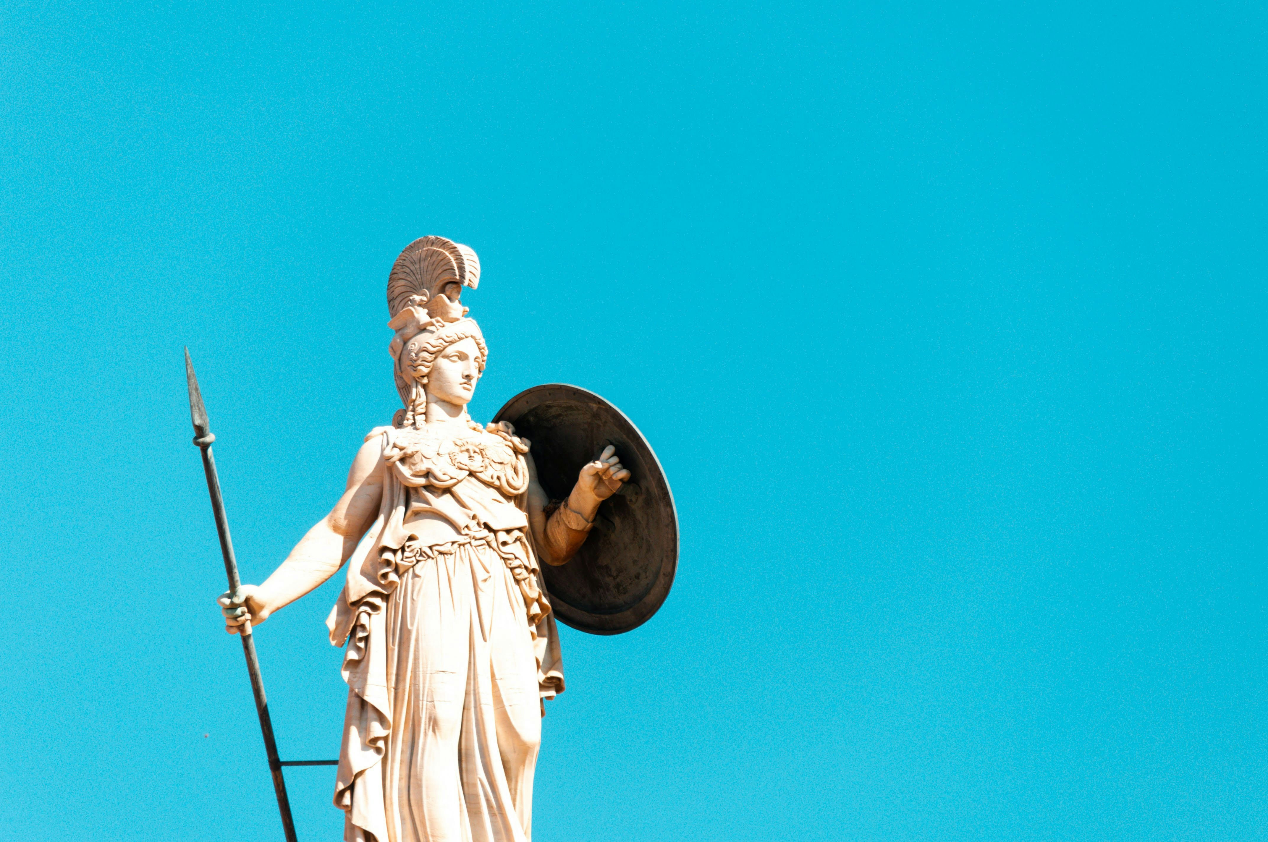 Statue of Athena with spear and shield at the Temple of Athena.