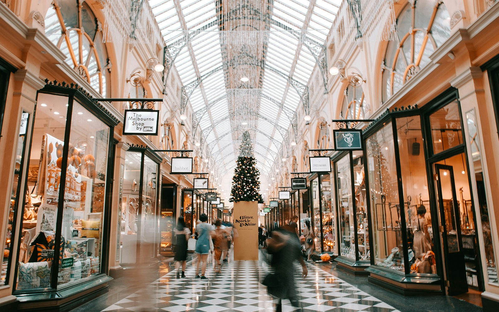 Melbourne shopping arcade with Christmas tree and festive decorations.