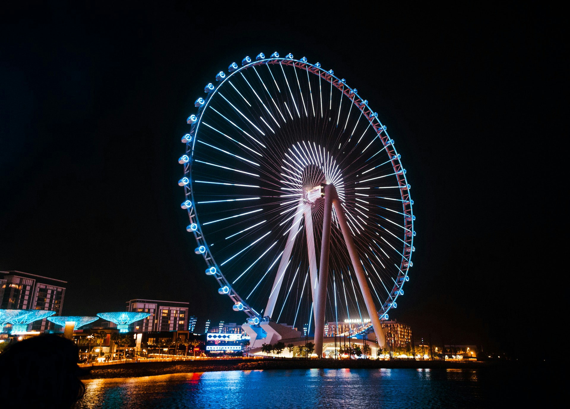 Ain Dubai Ferris wheel on Bluewaters Island, Dubai, with city skyline in the background.