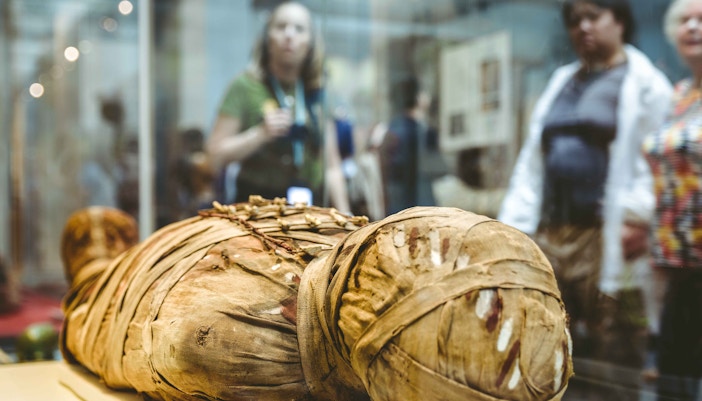 Ancient Egyptian mummies exhibit at Barcelona Egyptian Museum.