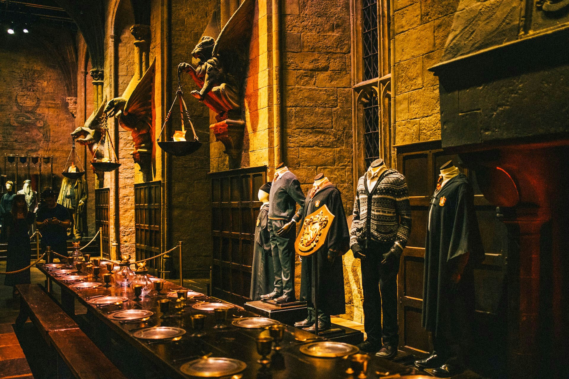 Costumes displayed in the Great Hall at Harry Potter Studio Tour, London.