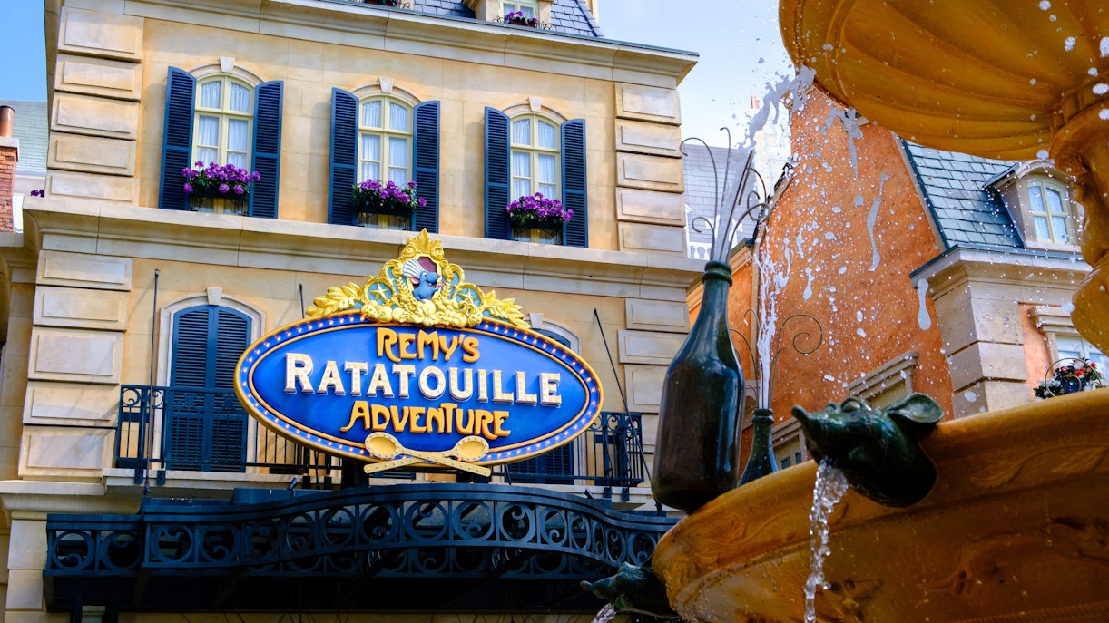 Ratatouille ride entrance at Disneyland Paris with guests entering the attraction.