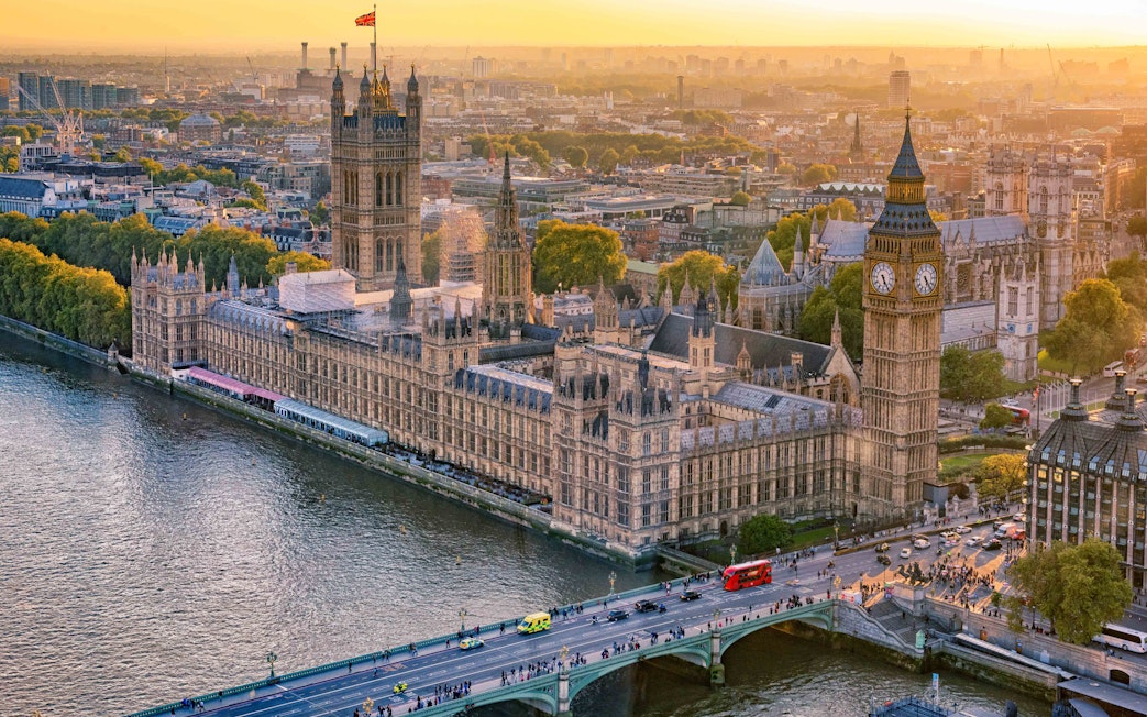 Aerial view of the Houses of Parliament and Big Ben from the London Eye.