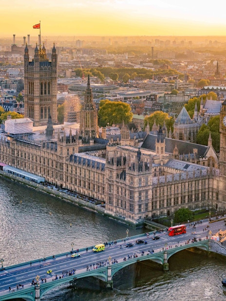 Aerial view of the Houses of Parliament and Big Ben from the London Eye.