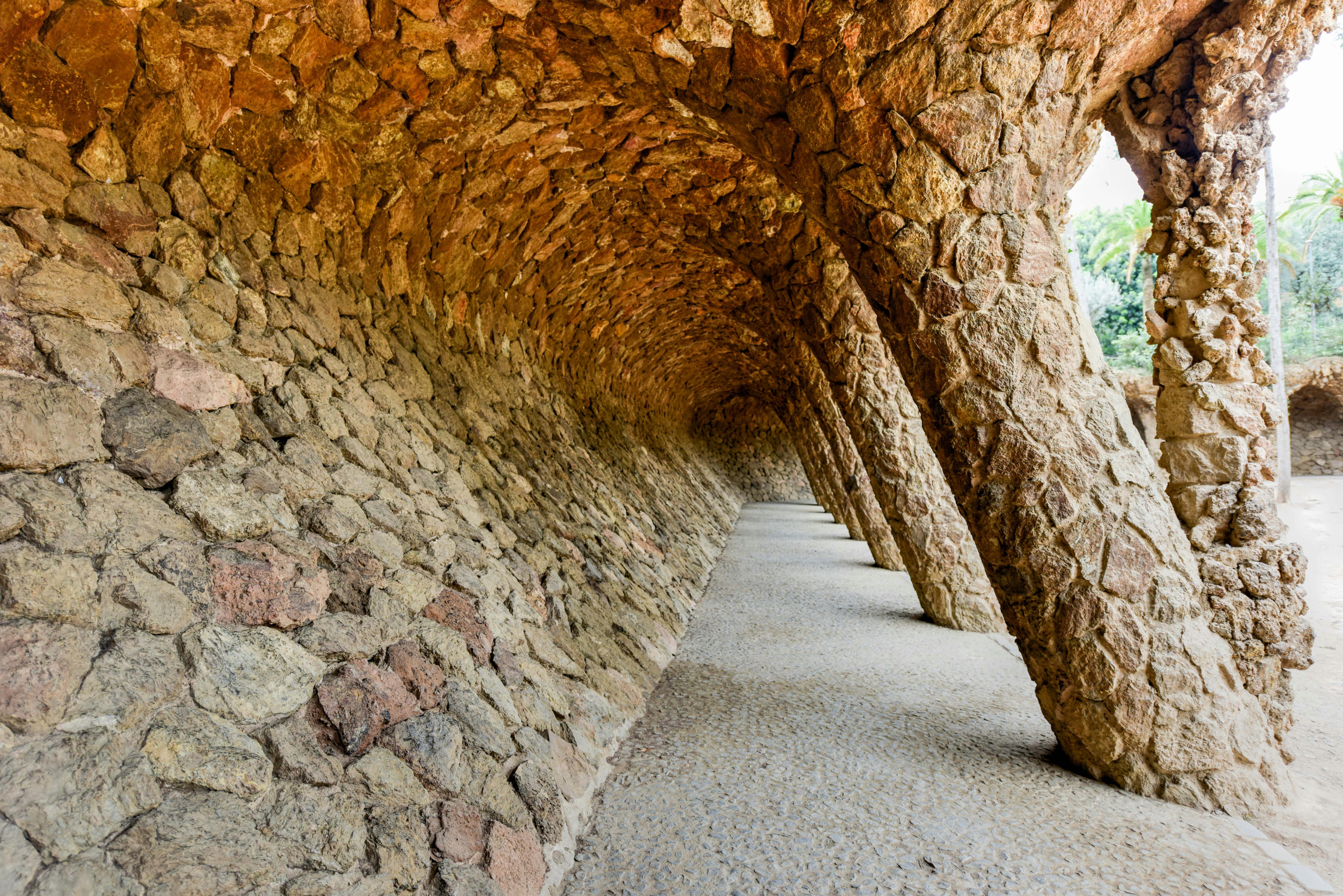 Park Guell Laundry Room Portico with unique stone columns in Barcelona, Spain.