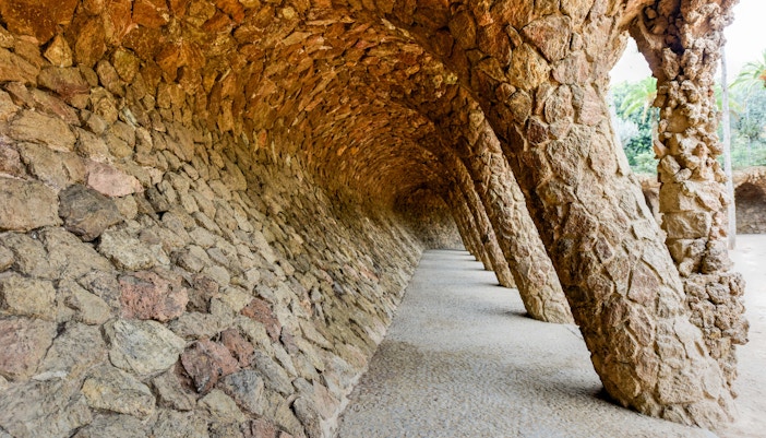 Park Guell Laundry Room Portico with unique stone columns in Barcelona, Spain.