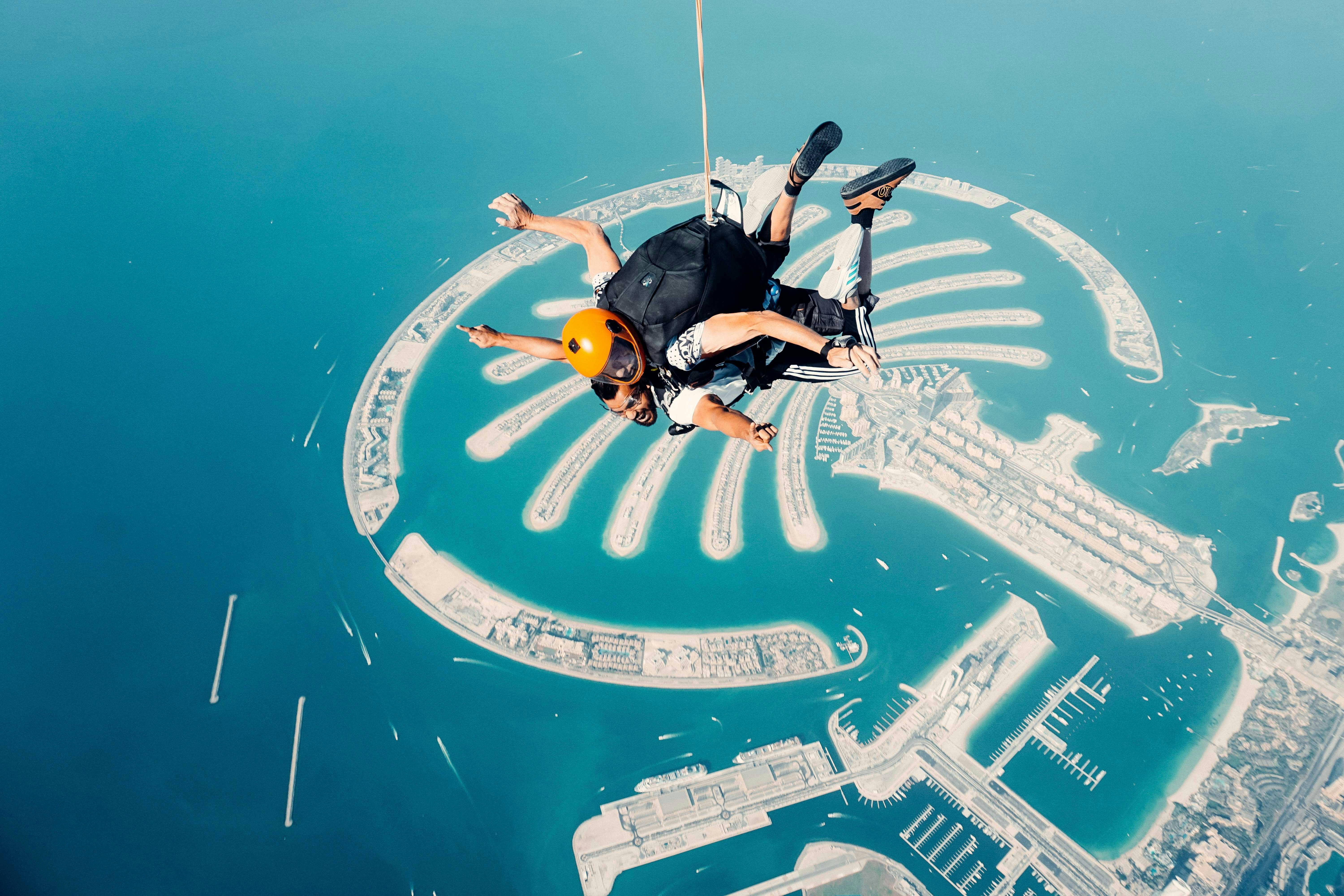 A skydiver over The Palm, Dubai