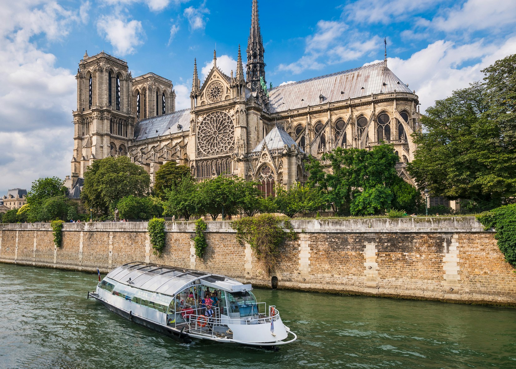 Eiffel Tower view from Seine River cruise, Paris.