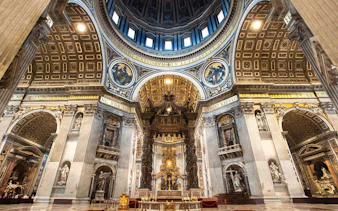 St. Peter's Basilica interior with ornate dome and altar in Vatican City.
