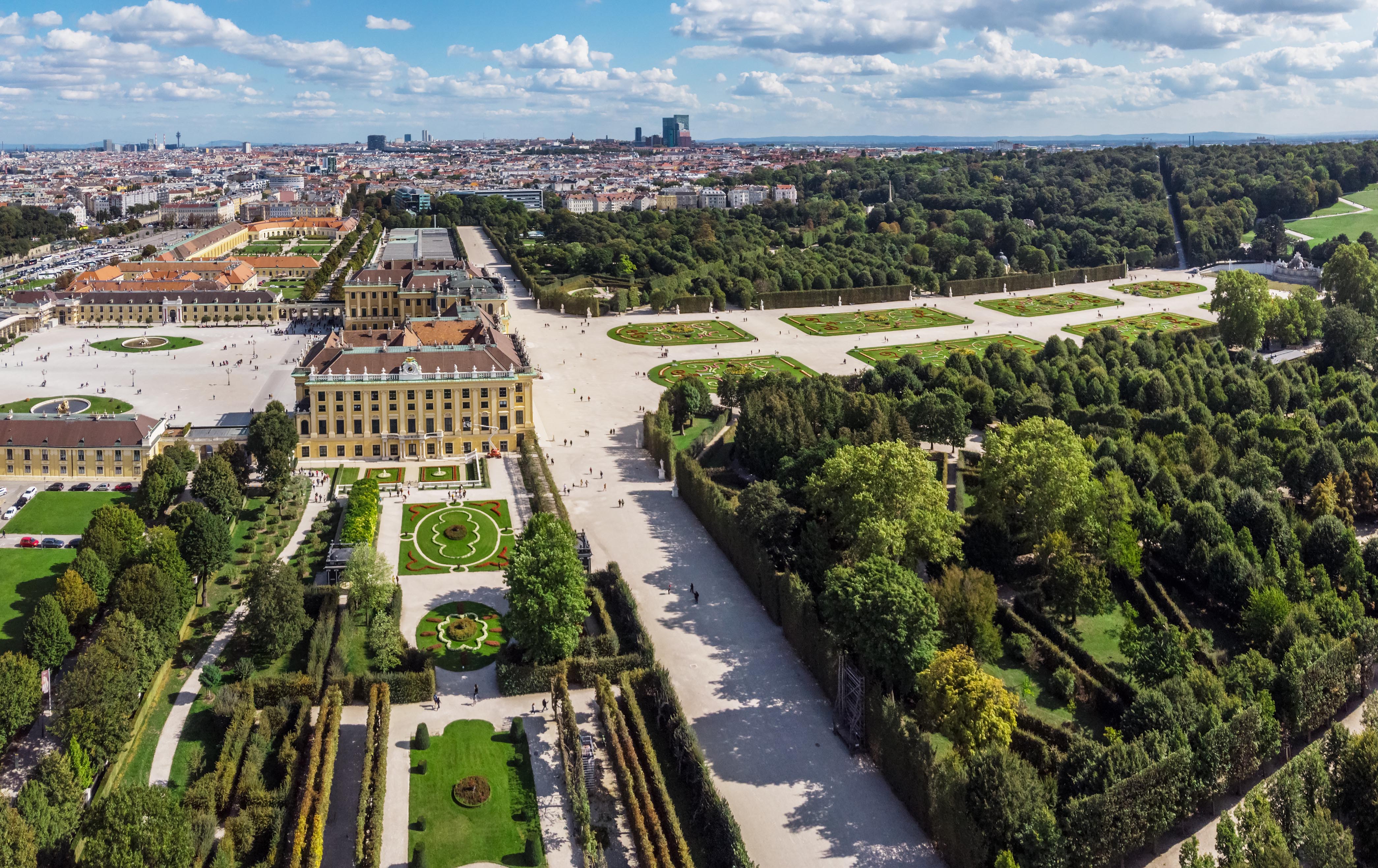 Aerial view of Schonbrunn Palace gardens in Vienna, Austria.