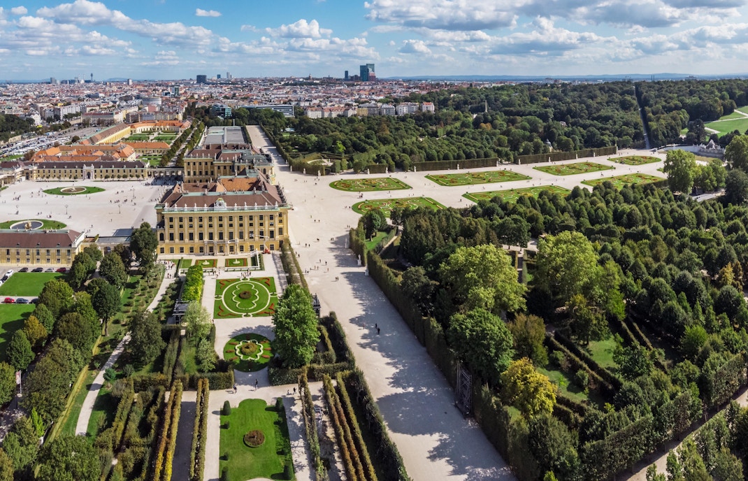 Aerial view of Schonbrunn Palace gardens in Vienna, Austria.