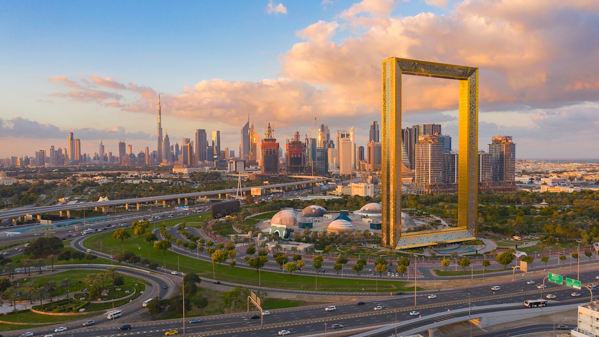 Dubai Frame towering over Zabeel Park in Dubai, UAE.