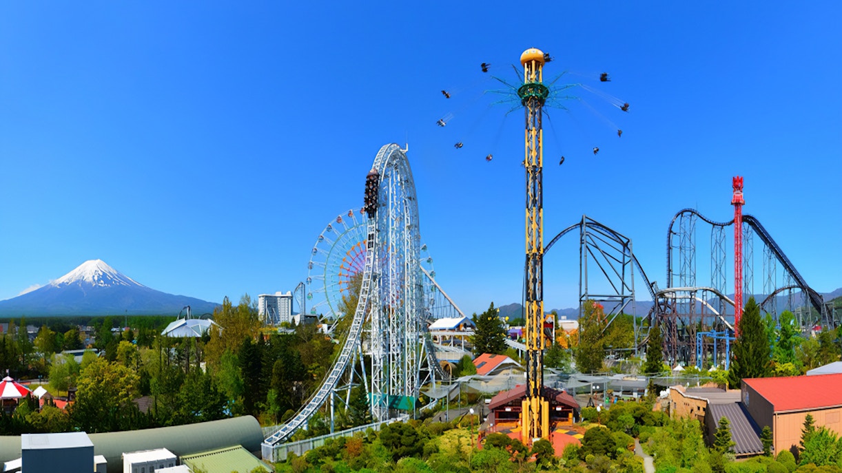 Roller coasters and attractions at FujiQ Highland amusement park, Tokyo, Japan.