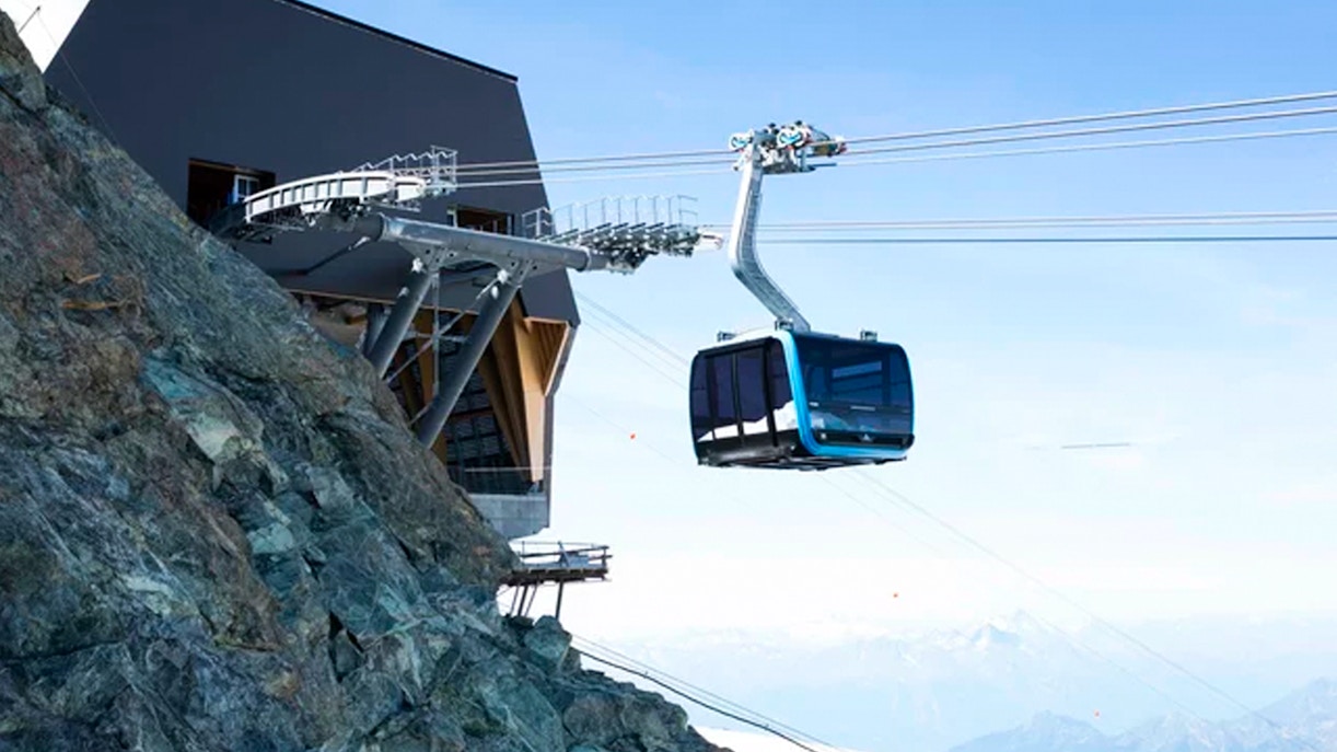 Cable car ascending to Matterhorn Paradise in Zermatt, Switzerland.