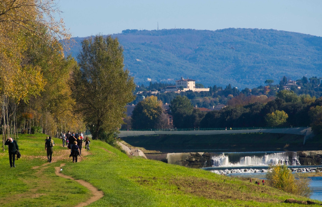 People enjoying a sunny day at Parco delle Cascine, Florence, with lush greenery and walking paths.