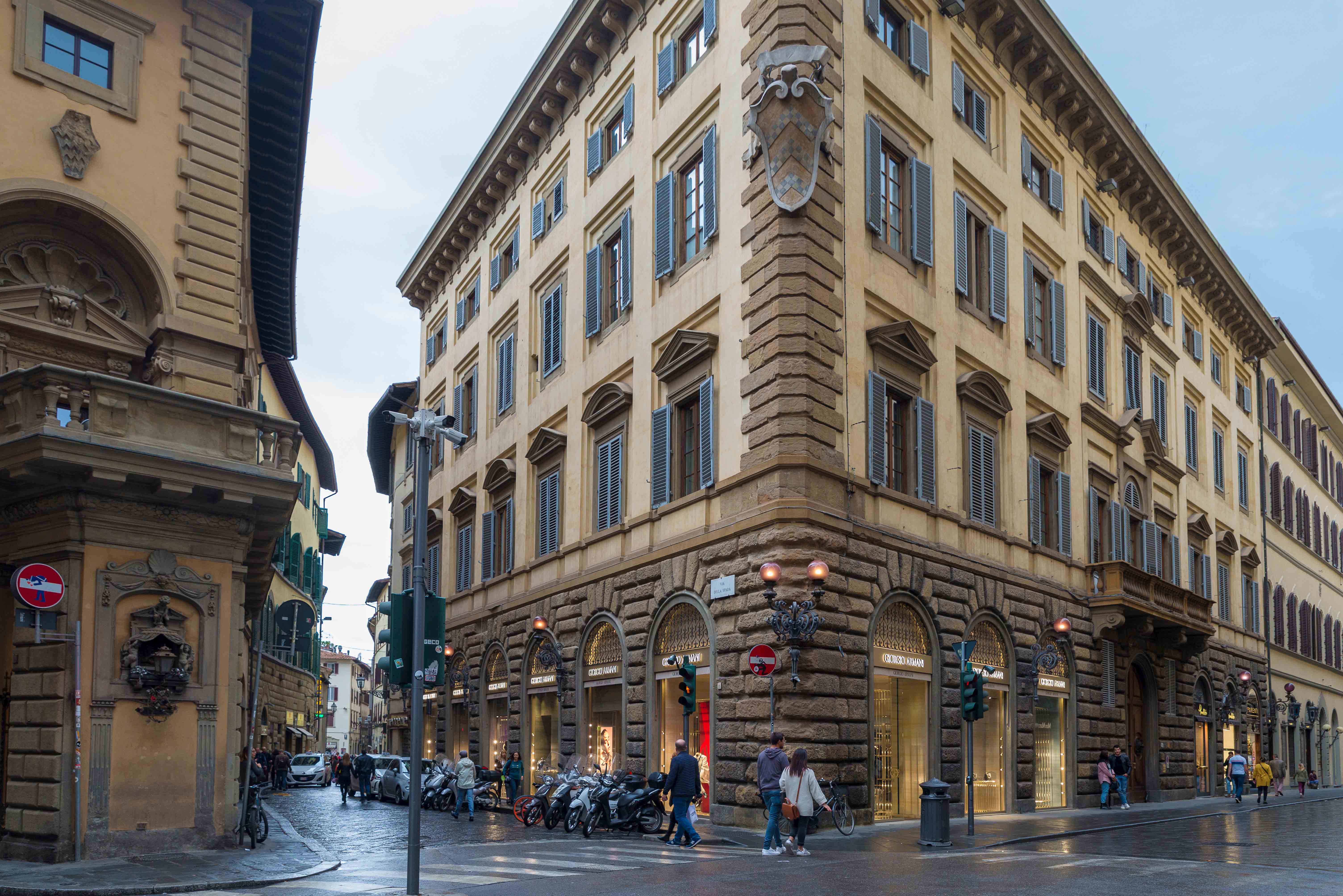 Via de’ Tornabuoni street view with luxury shops in Florence, Italy.