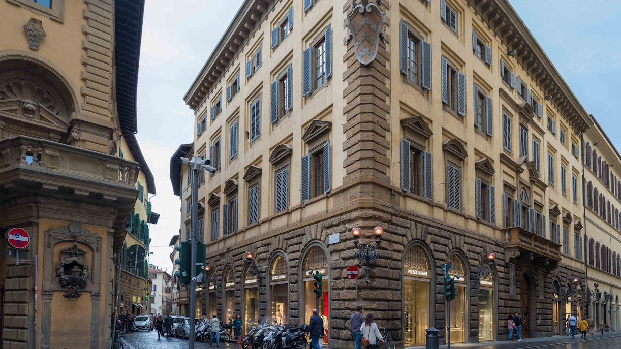 Via de’ Tornabuoni street view with luxury shops in Florence, Italy.