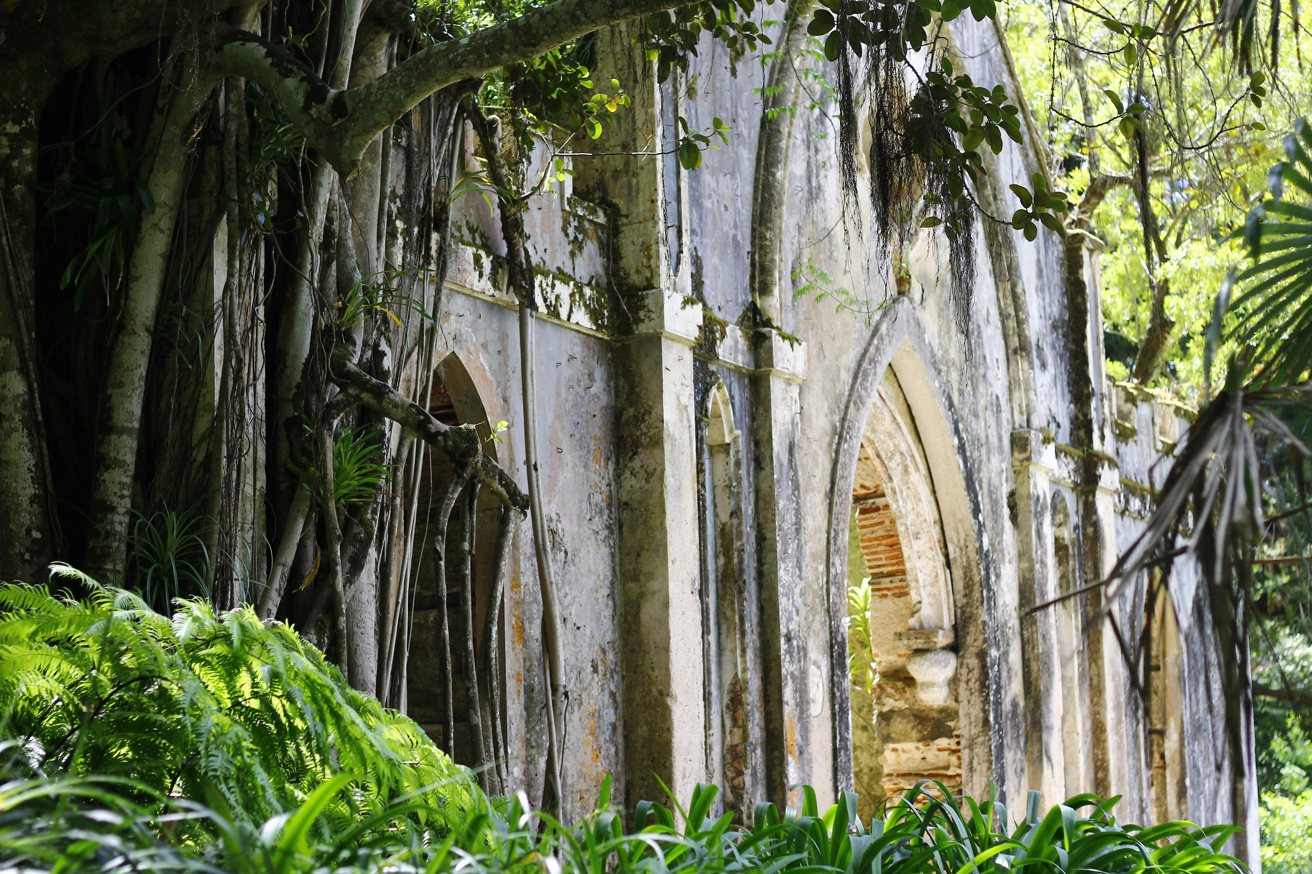 Moorish Castle Sintra with stone arches and lush greenery.