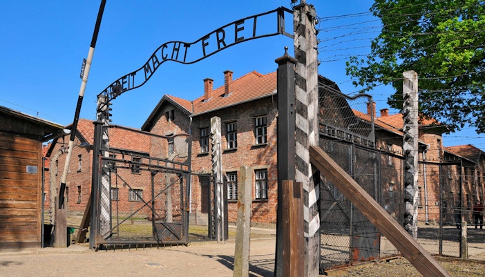 Auschwitz I entrance gate with "Arbeit Macht Frei" sign at Auschwitz Concentration Camp, Poland.