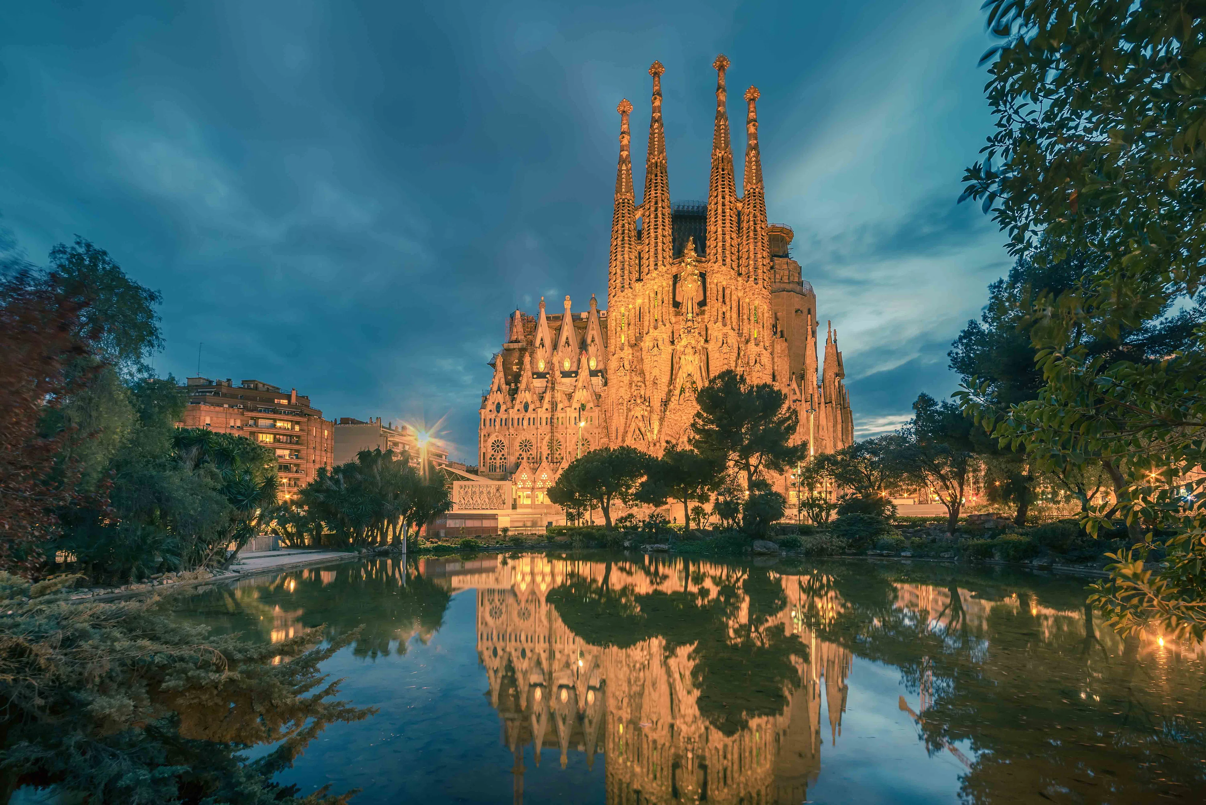 Sagrada Familia adorned with Christmas lights in Barcelona, Spain.