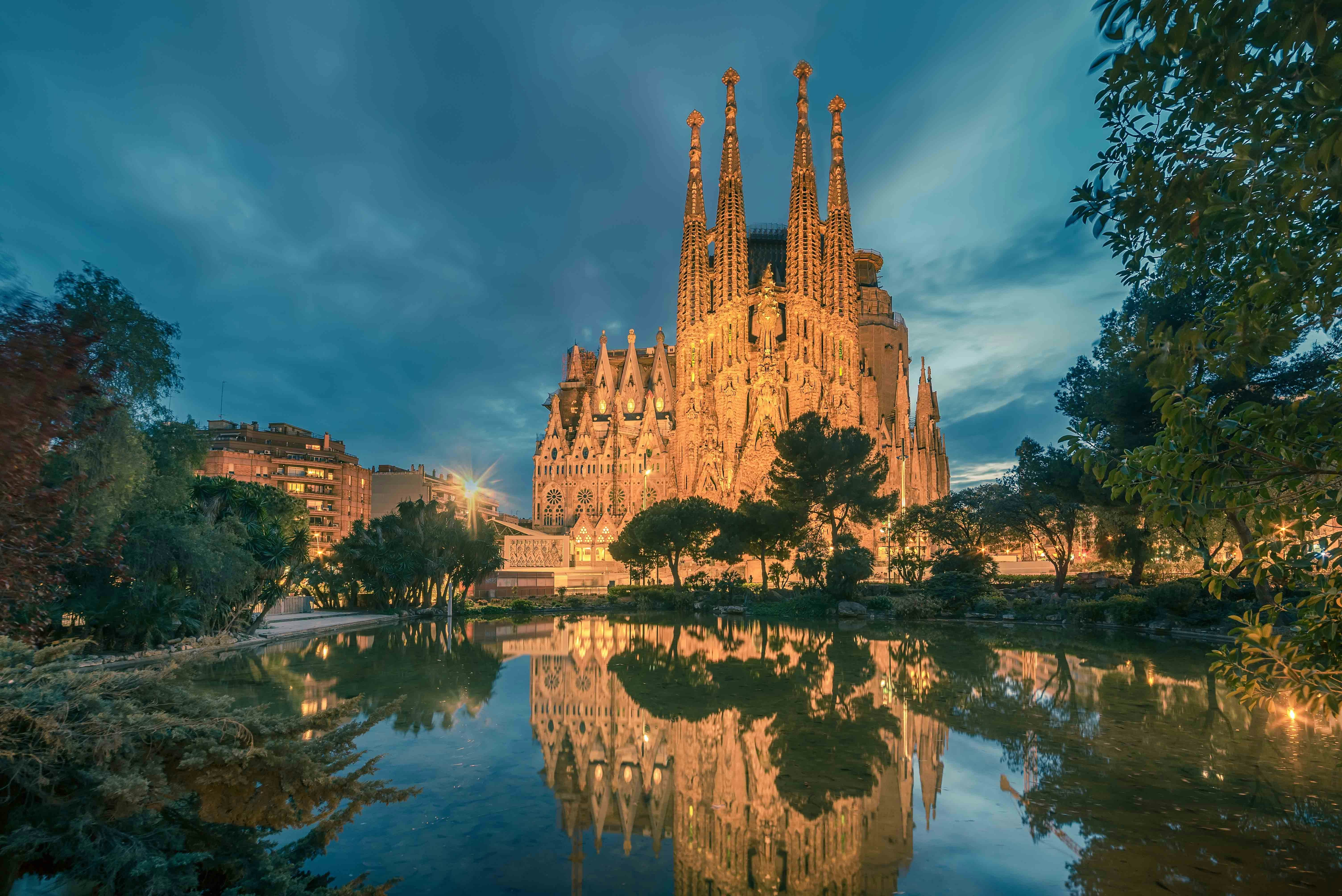 Sagrada Familia adorned with Christmas lights in Barcelona, Spain.