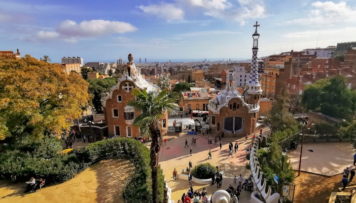 Park Guell mosaic benches and colorful tile work in Barcelona, Spain.
