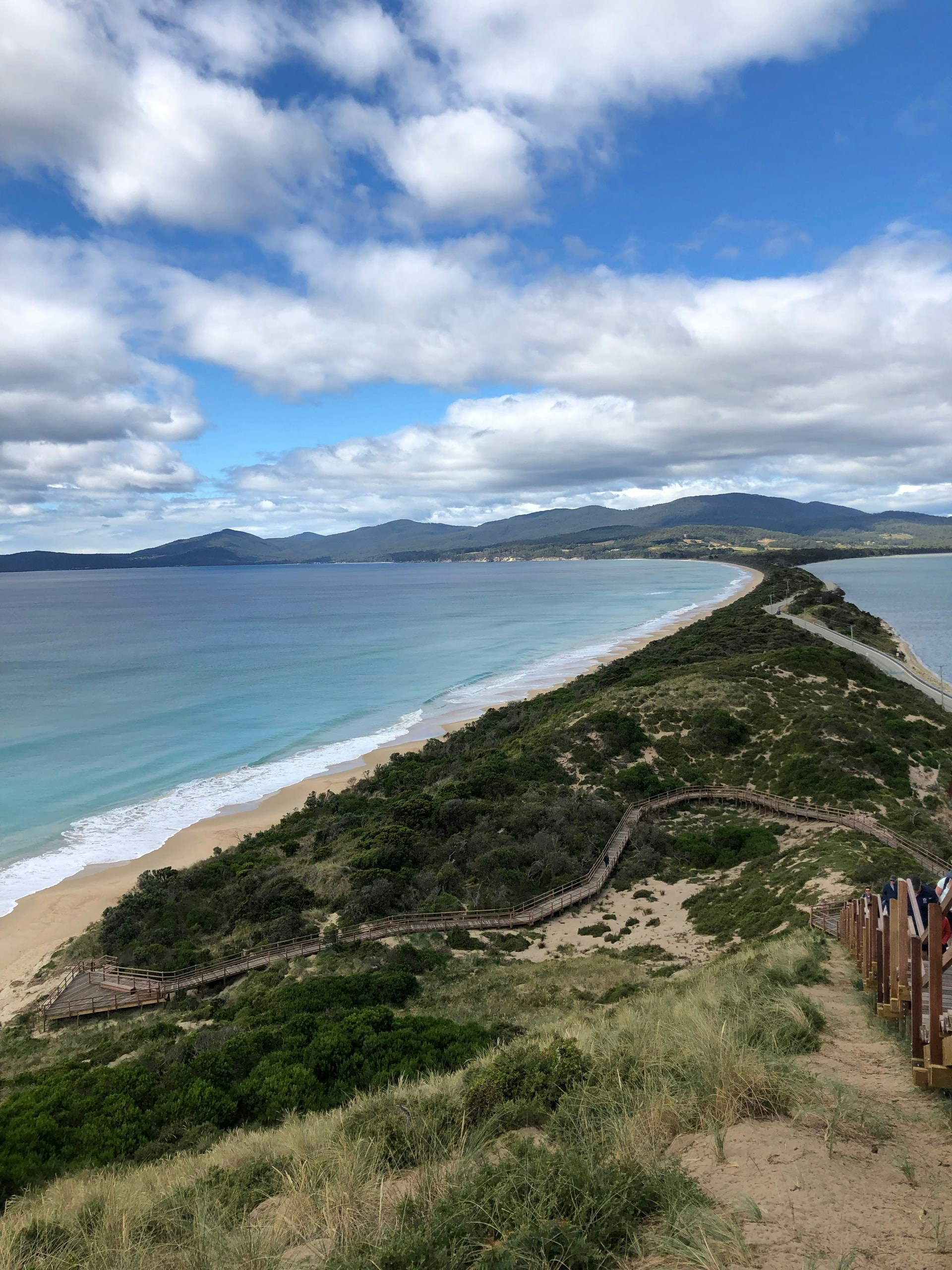 Bruny Island Neck lookout with panoramic views of the isthmus and surrounding ocean.
