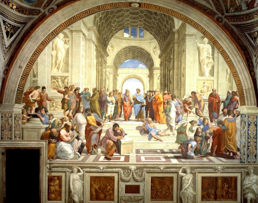 Raphael's "The School of Athens" fresco inside Vatican Museums, showcasing philosophers in a grand hall.