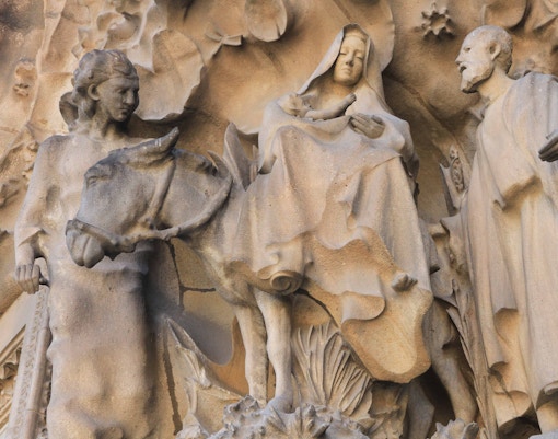 Nativity Facade of Sagrada Familia in Barcelona, showcasing intricate biblical sculptures.