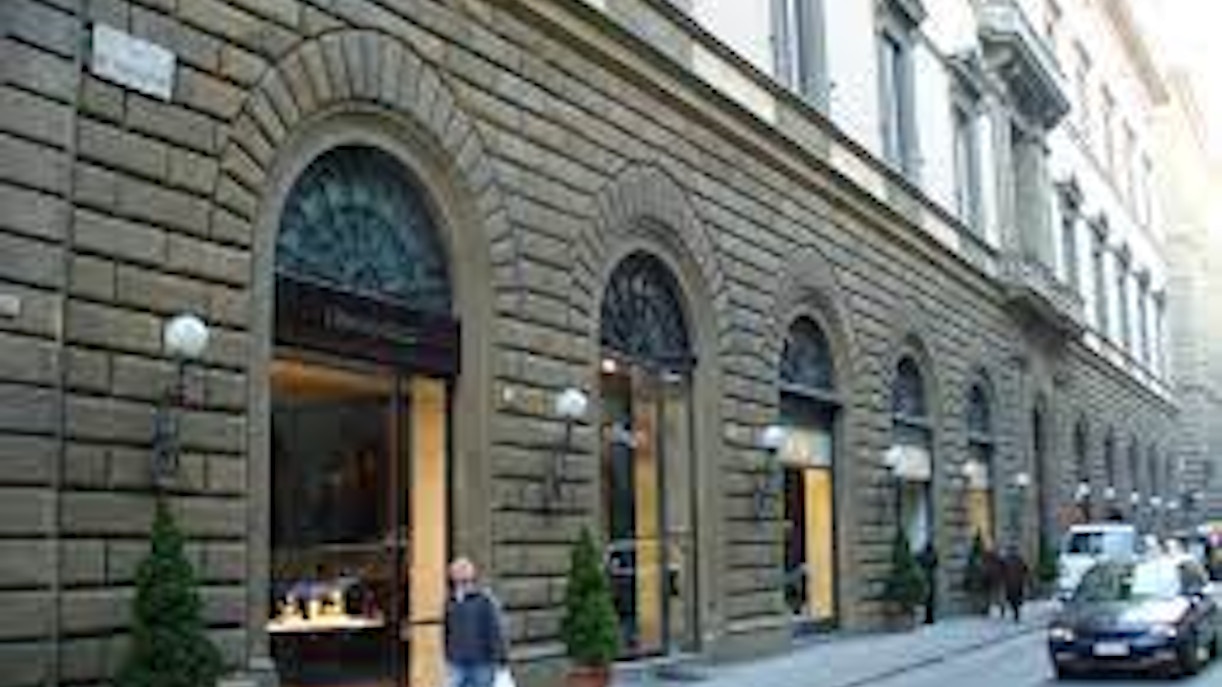 Upscale shopping street Via de’ Tornabuoni in Florence, Italy, featuring luxury boutiques.