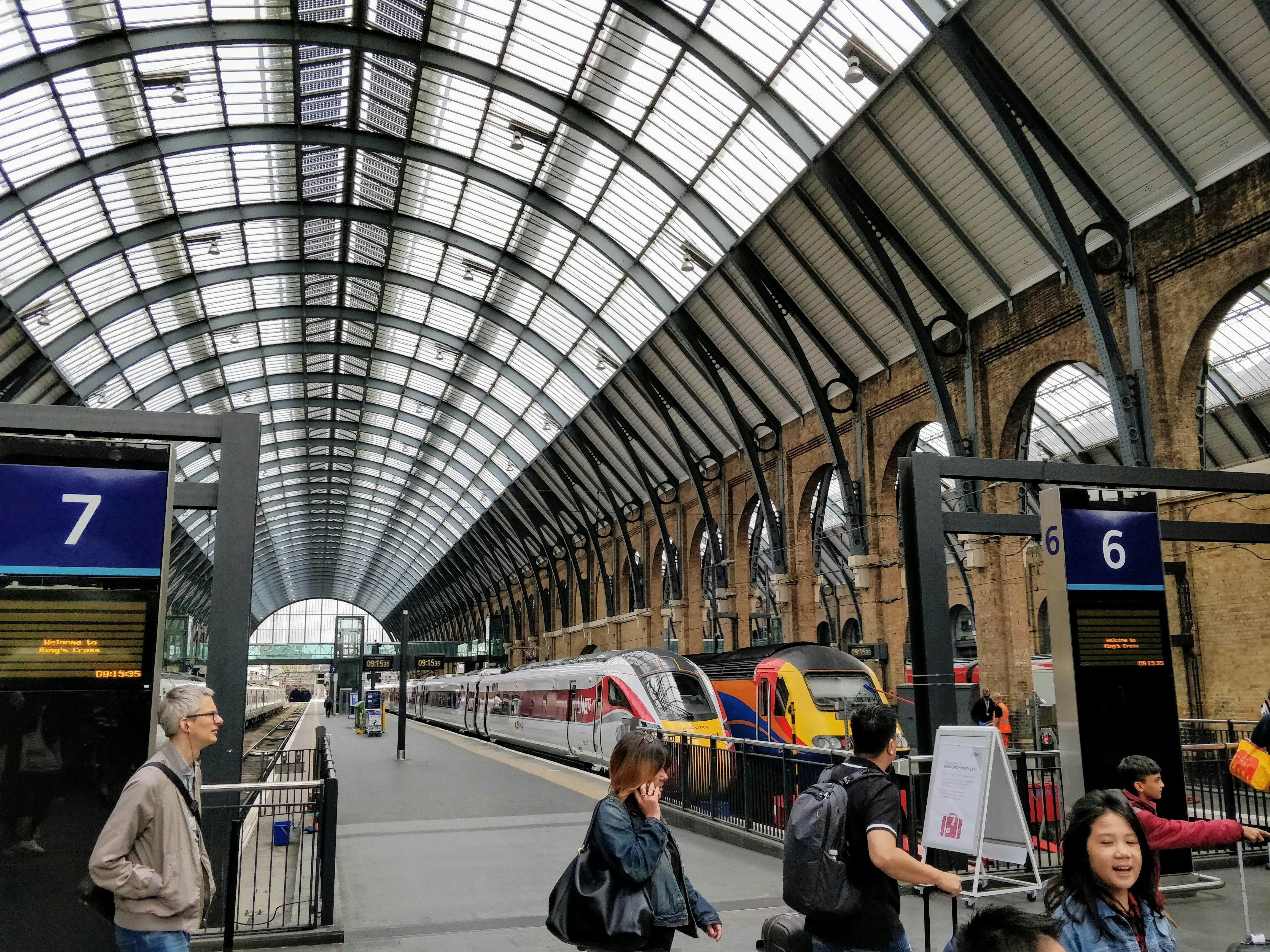 King's Cross Station platforms with trains, a starting point for Tower Bridge in London.