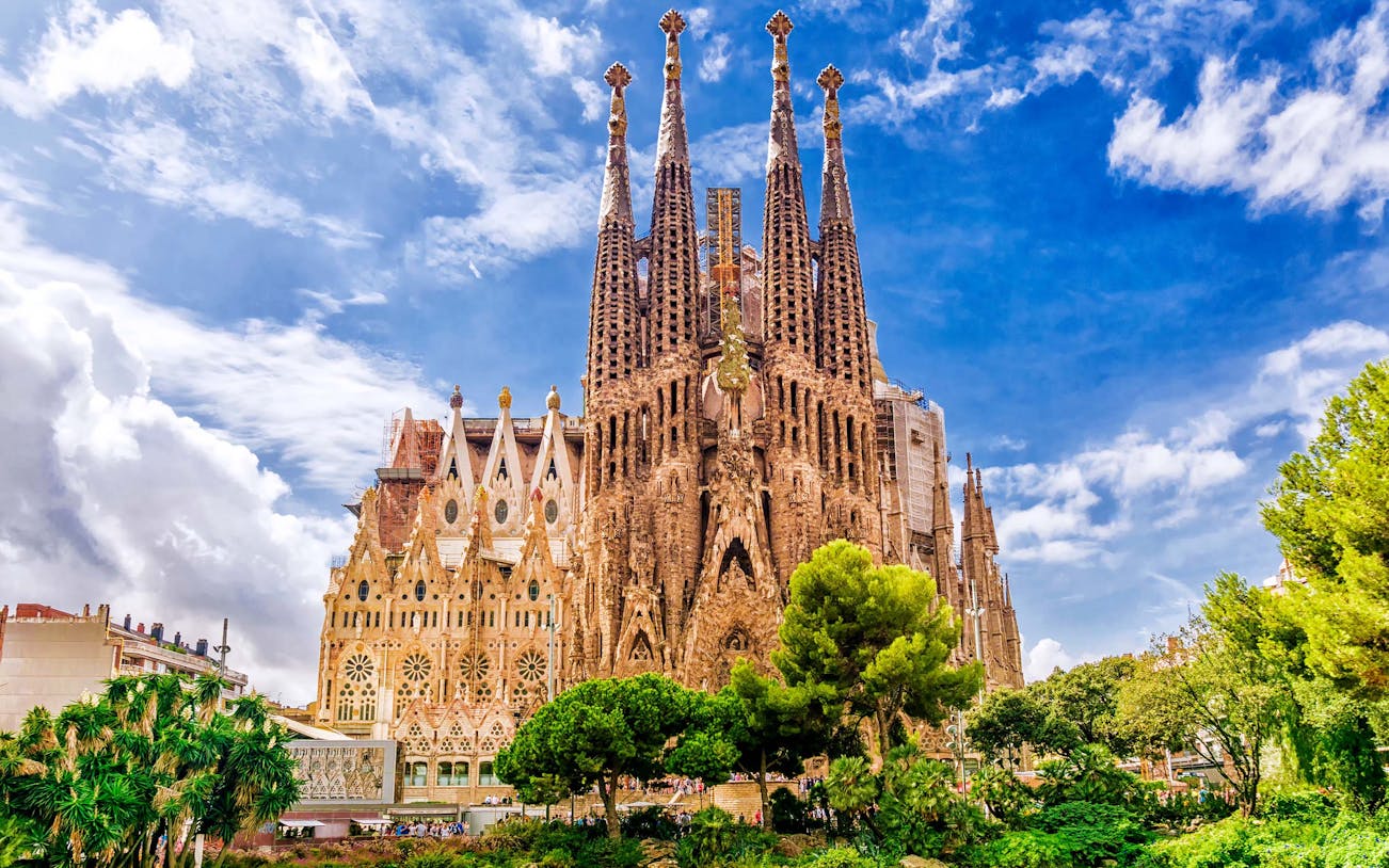 Sagrada Familia basilica in Barcelona with view of the crypt entrance.