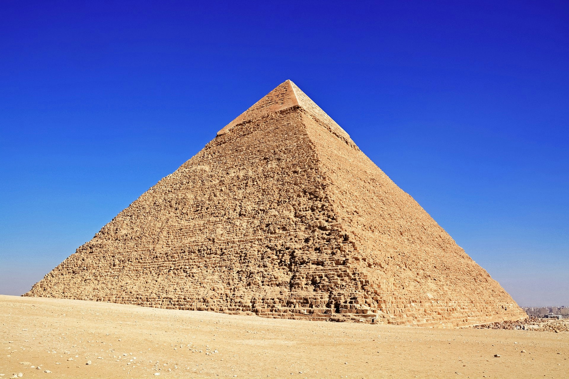 Khafre Pyramid at Giza under clear blue sky, Egypt.