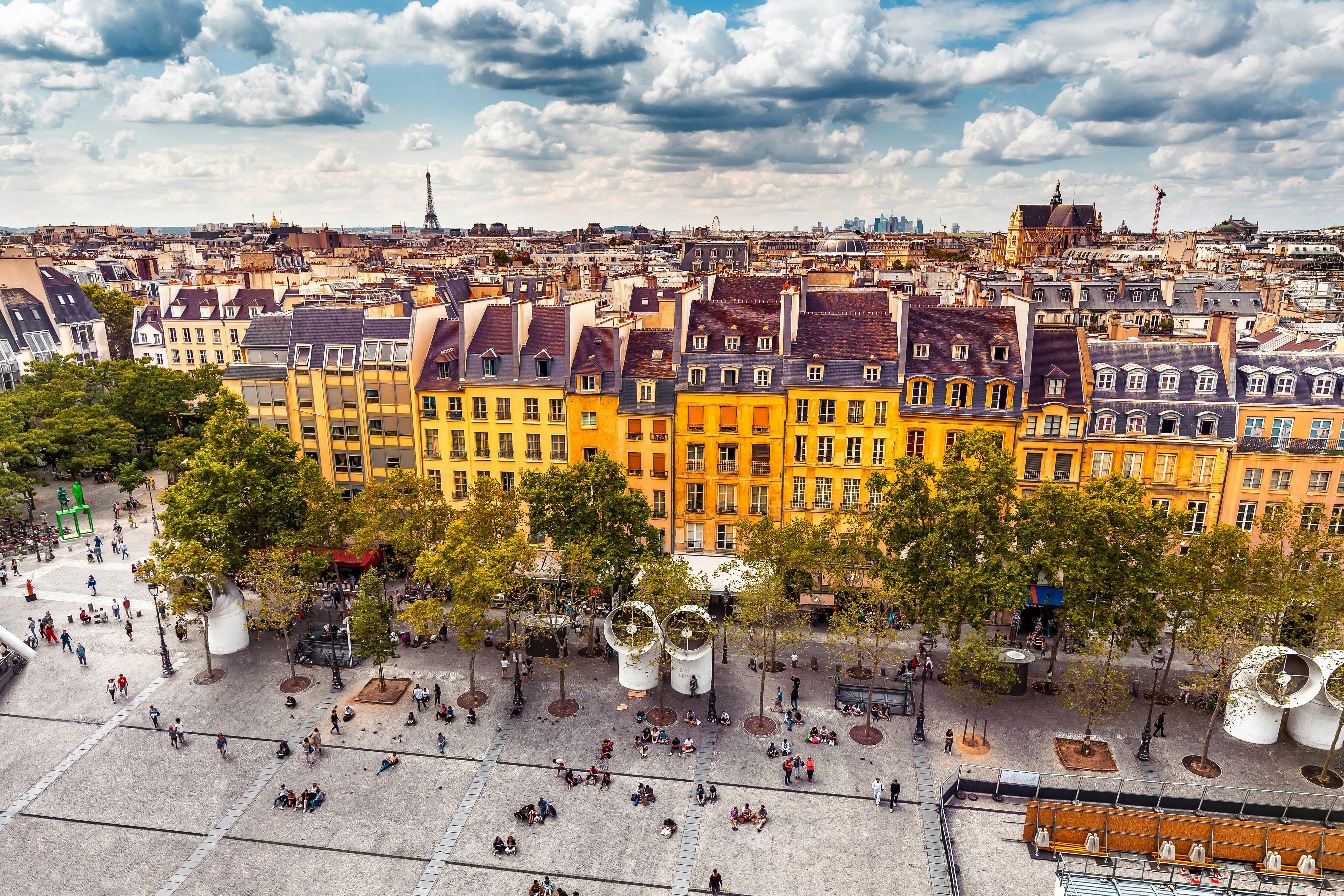 Aerial view of colorful buildings and plaza near Center Pompidou, Paris.