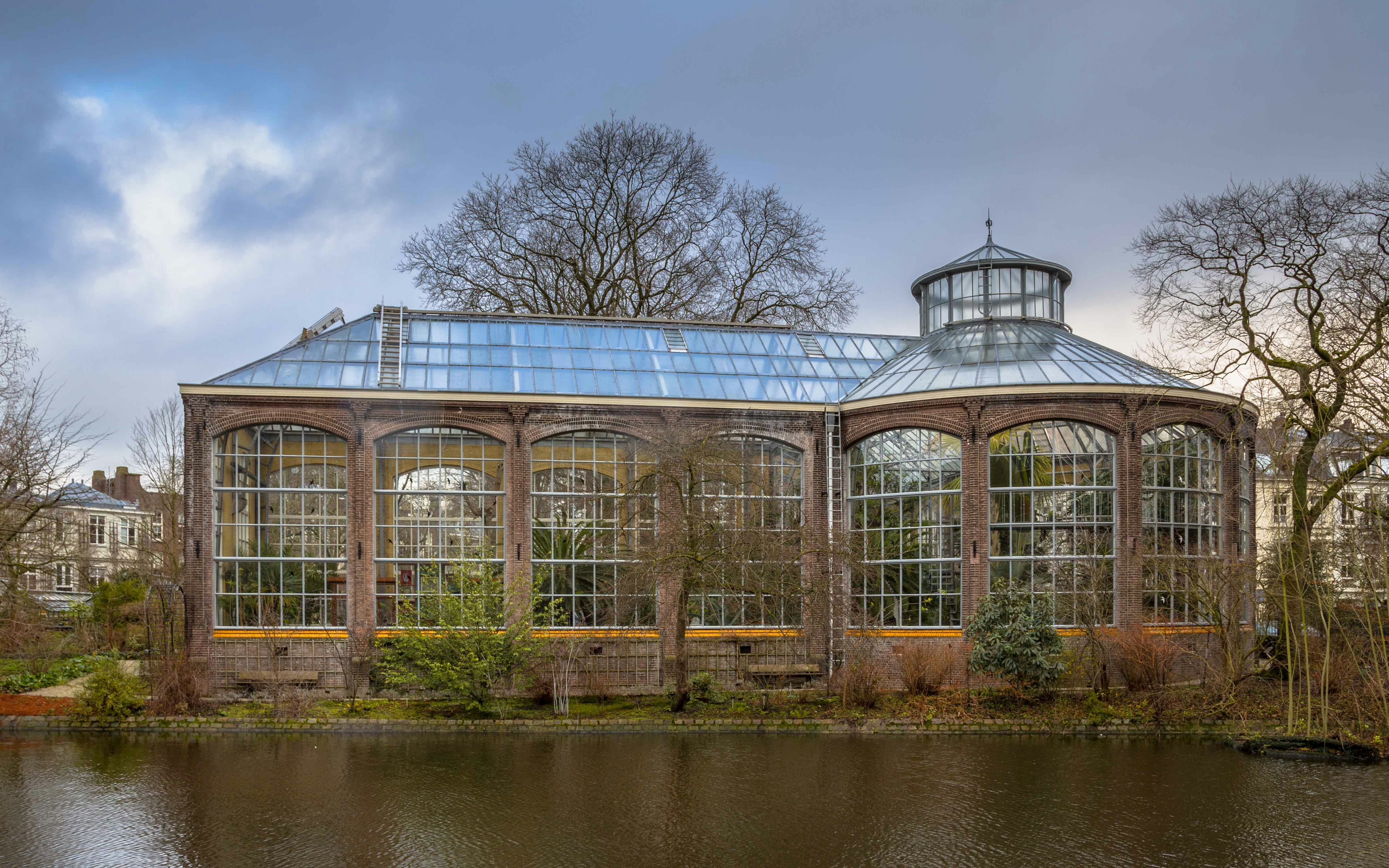 Hortus Botanicus Amsterdam greenhouse by a canal, showcasing its glass architecture.