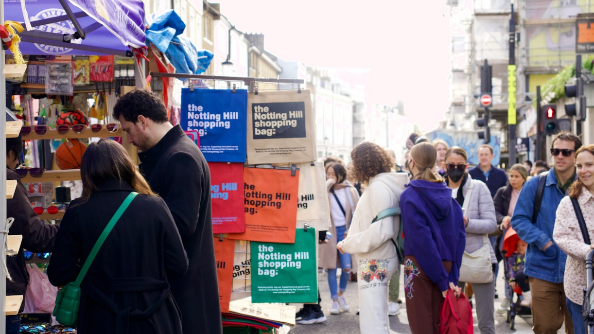 Portobello Road Market shoppers browsing stalls in London.