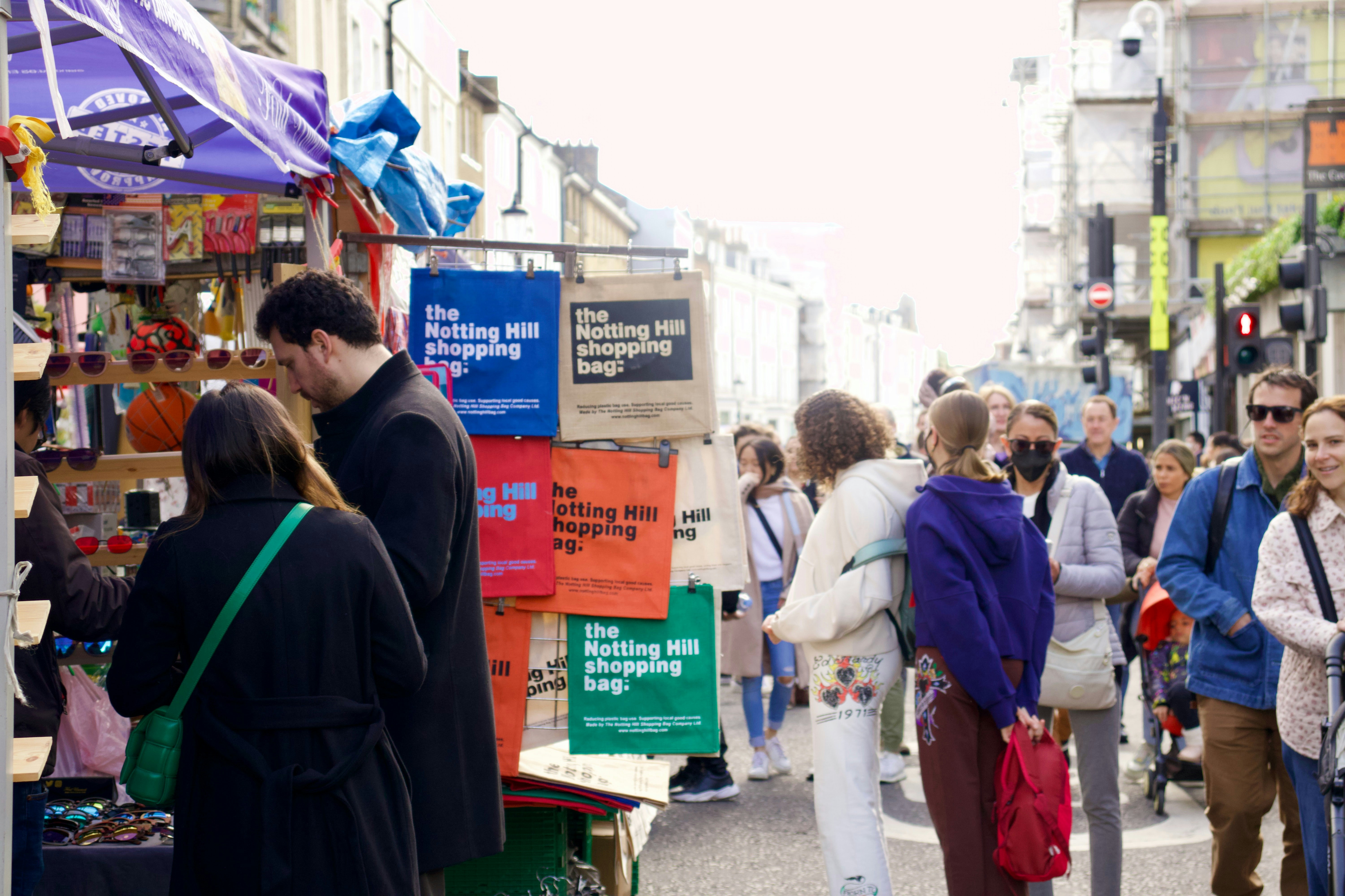 Portobello Road Market shoppers browsing stalls in London.