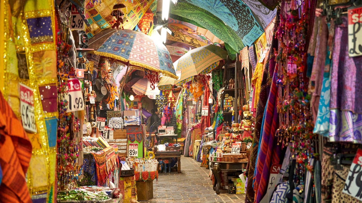 Camden Market in London with colorful stalls and vibrant textiles.