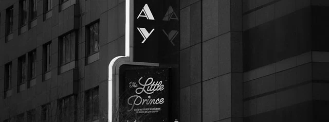 Broadway theater sign with "The Little Prince" poster, W 53rd St, New York City.