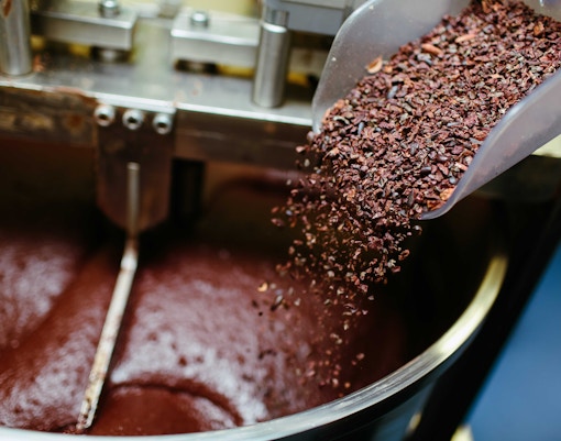 Cocoa nibs being processed into chocolate in Salon du Chocolat