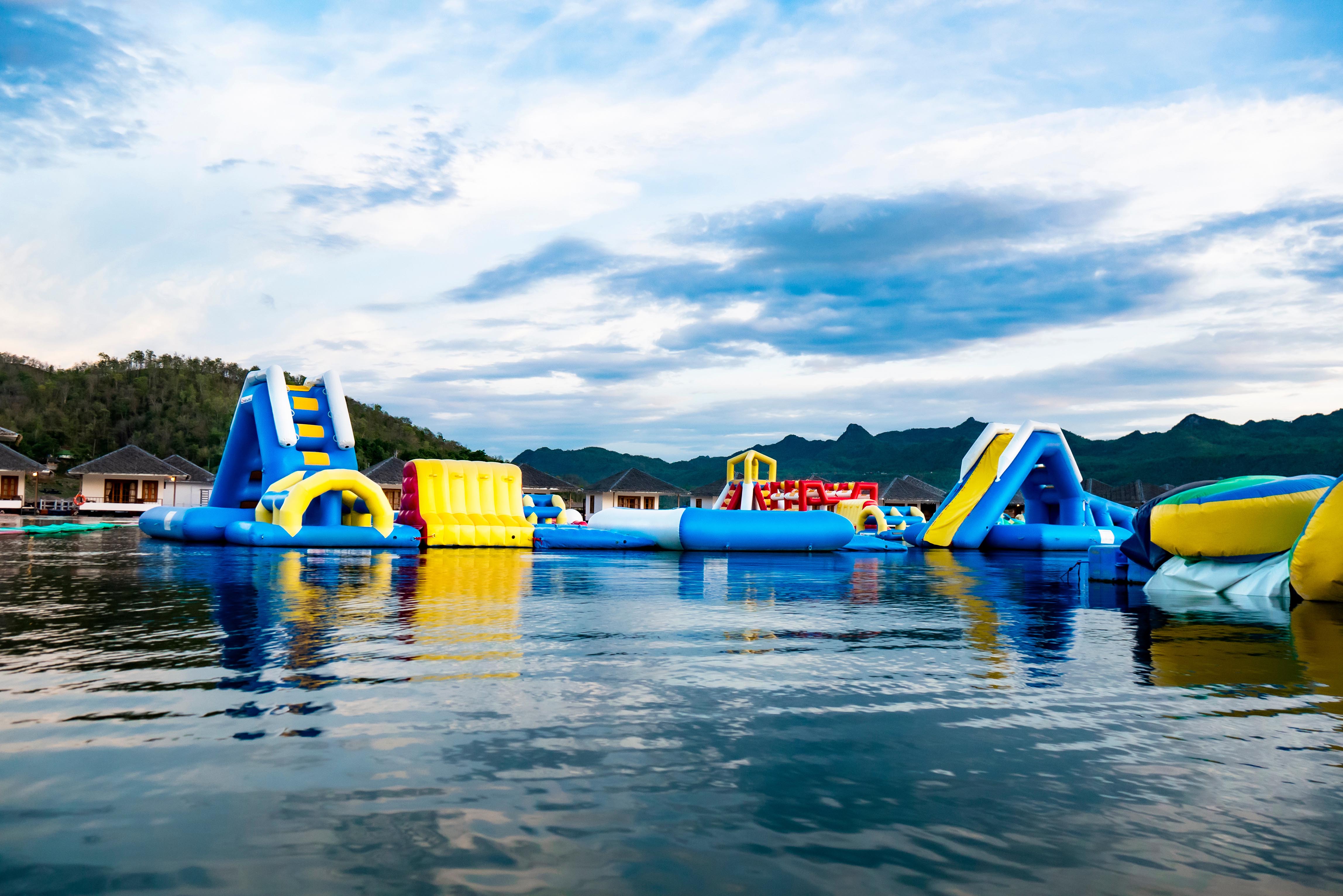Floating inflatable obstacle course at HydroDash water park, Singapore.