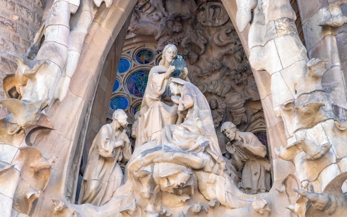 Sculptures on the Sagrada Familia's Tower of Jesus Christ in Barcelona.