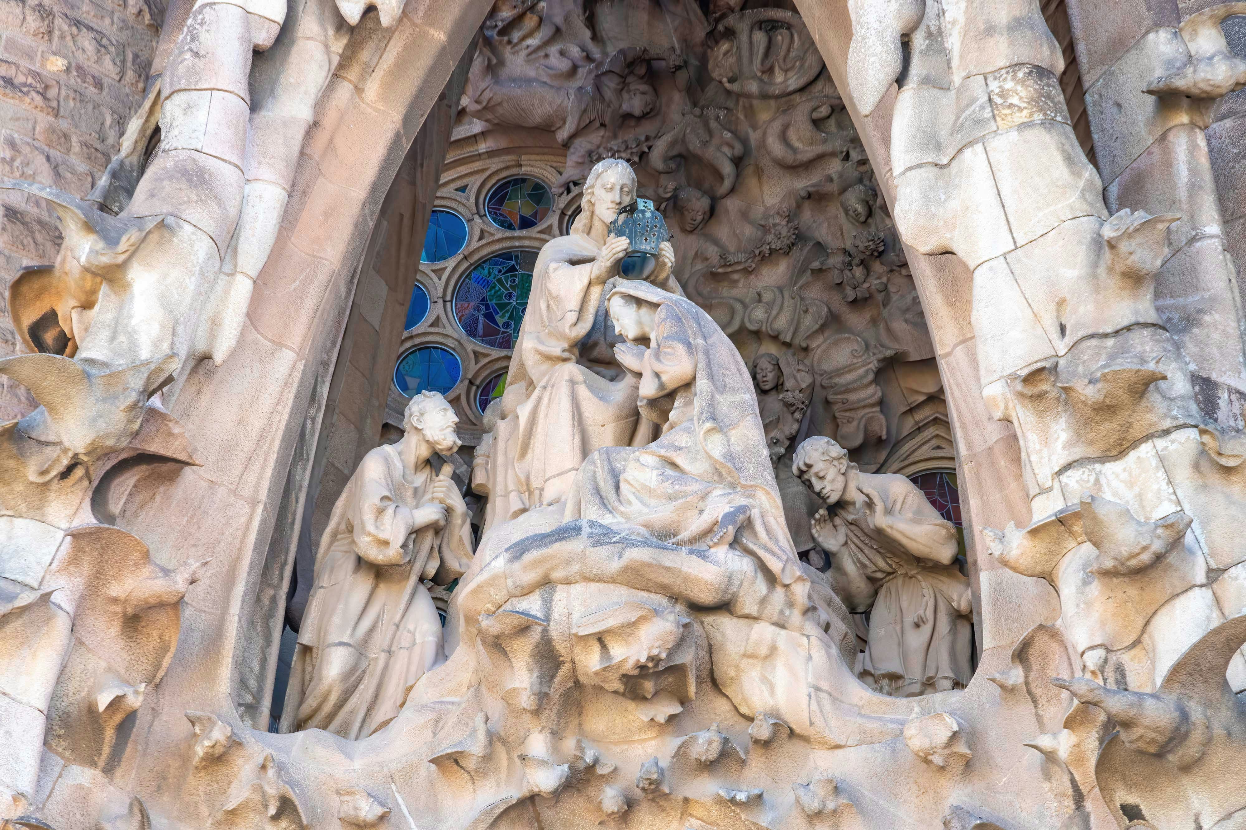 Sculptures on the Sagrada Familia's Tower of Jesus Christ in Barcelona.