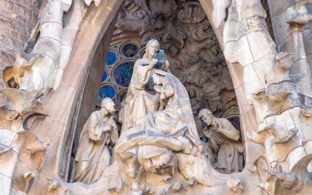 Sculptures on the Sagrada Familia's Tower of Jesus Christ in Barcelona.