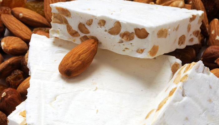 Turrón with almonds, a traditional Spanish sweet, in Barcelona.