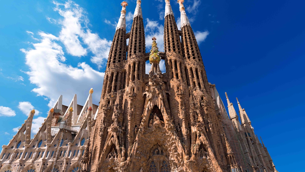Sagrada Familia Apostle Towers in Barcelona with intricate architectural details.