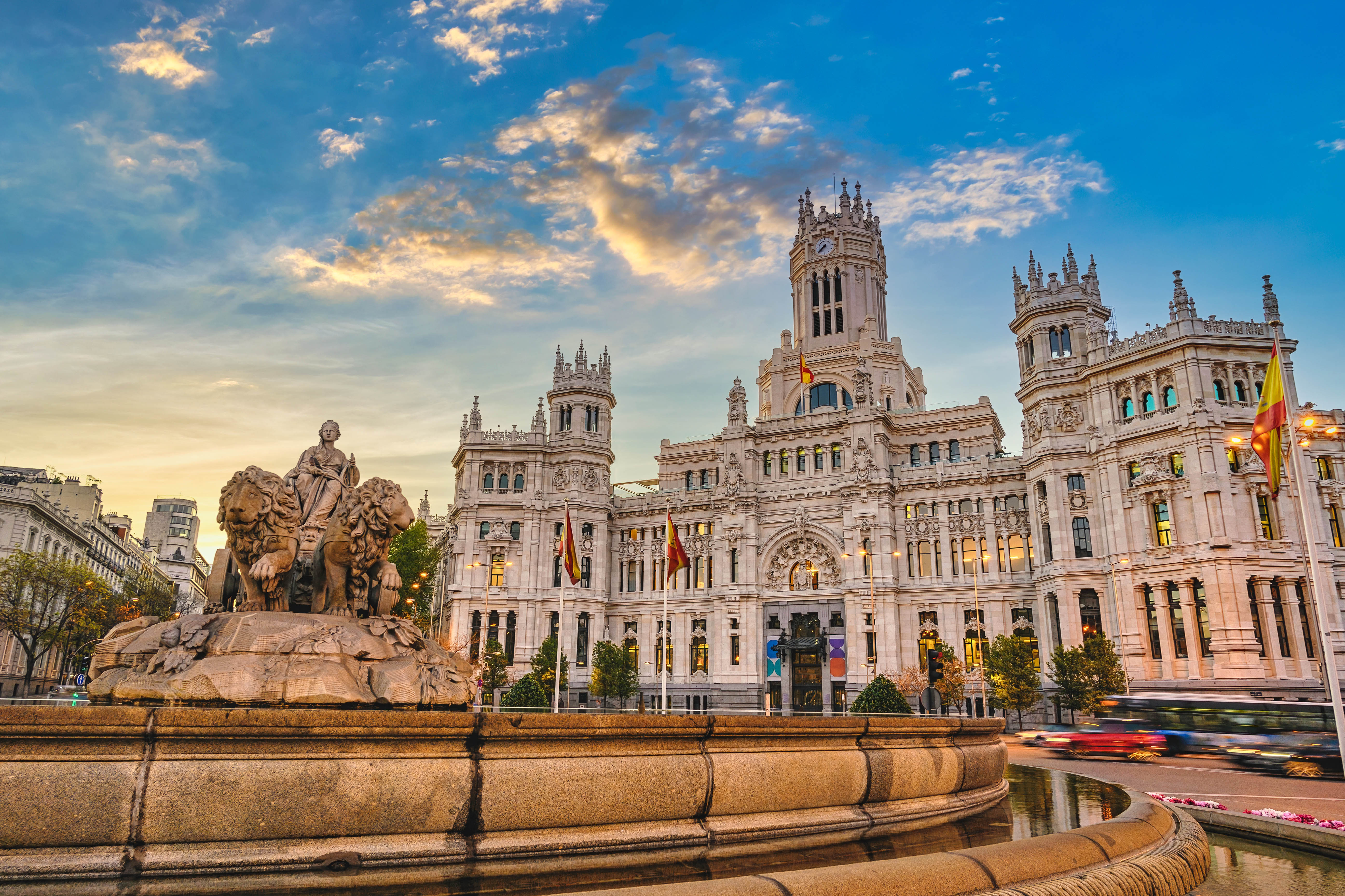 Plaza de Cibeles with Cibeles Fountain and Palacio de Cibeles in Madrid, Spain.