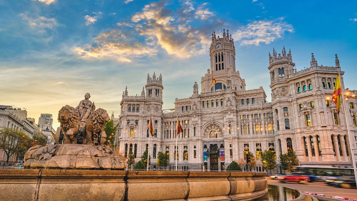 Plaza de Cibeles with Cibeles Fountain and Palacio de Cibeles in Madrid, Spain.