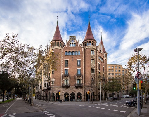 Casa de les Punxes facade with spires, a notable monument in Barcelona.
